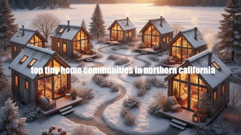 Cozy modern tiny homes in a snowy northern California community with warm interior lighting.