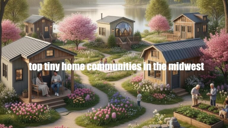 Cozy tiny home community in the Midwest surrounded by blooming flowers and trees.