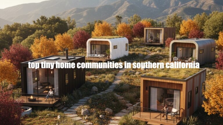 Modern tiny home community in southern California surrounded by colorful autumn trees.