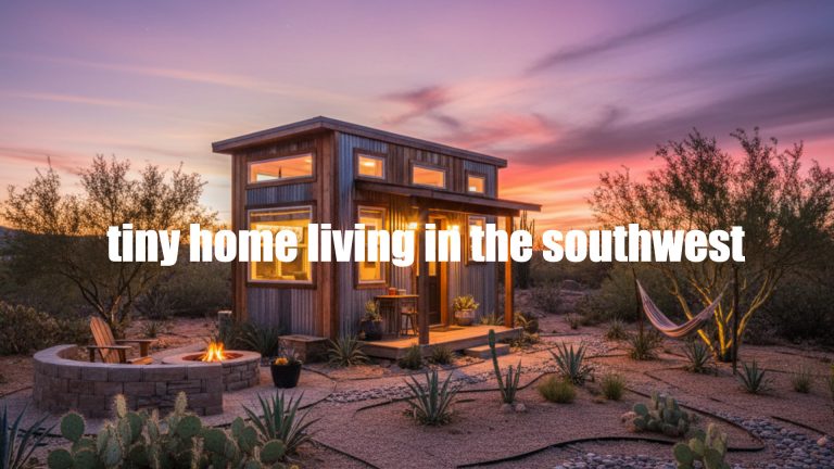Modern tiny home in the southwest with stylish wood exterior and desert landscaping at sunset.