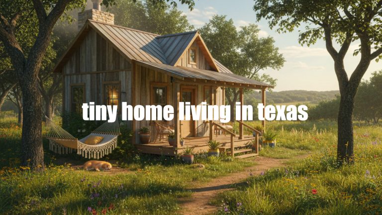 Cozy rustic tiny home in Texas surrounded by lush greenery and wildflowers.