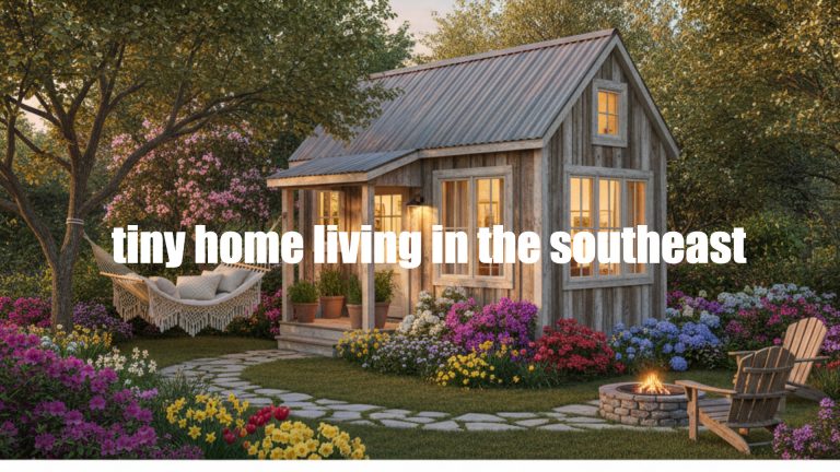 Cozy tiny home in the southeast with rustic wood exterior and beautiful garden setting.