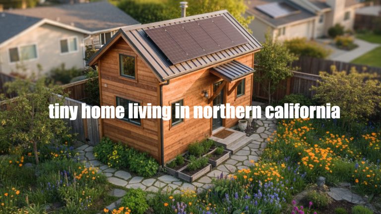 Cozy wooden tiny home with solar panels in a lush garden, perfect for northern California lifestyle.