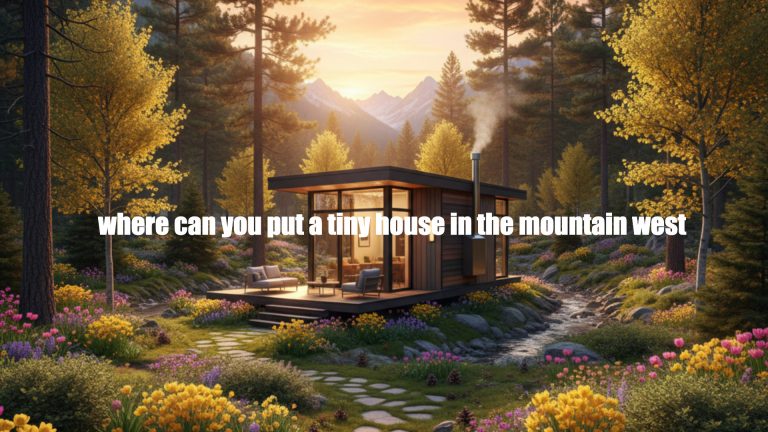 Cozy tiny home nestled in mountain forest with colorful flowers and sunset backdrop.
