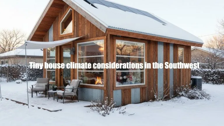 Cozy tiny home with wood siding and large windows in snowy southwest setting.
