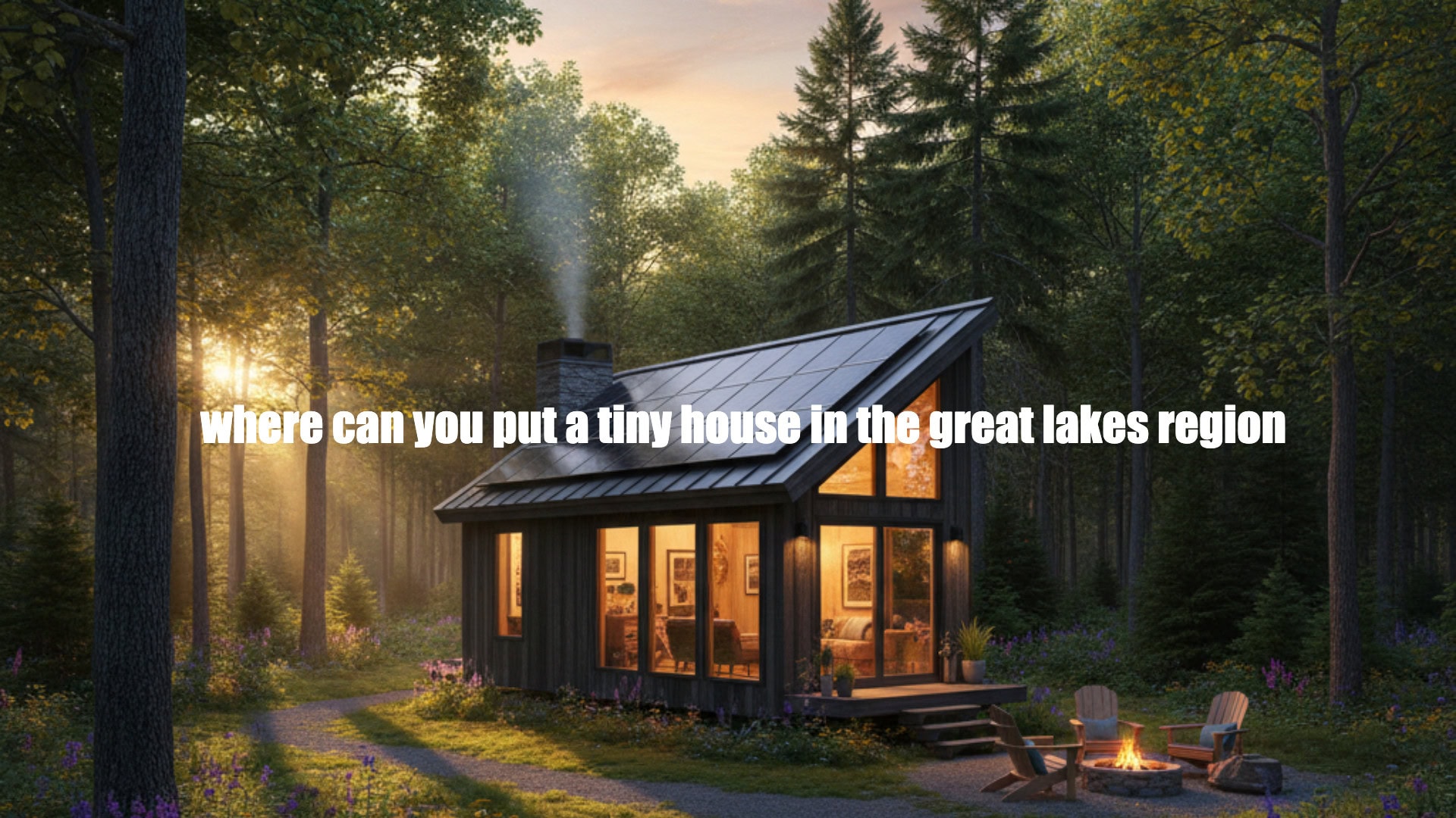 Cozy tiny home in the Great Lakes region surrounded by forest at sunset, ideal for serene lakeside living.