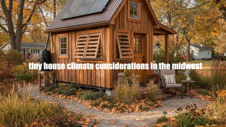 Cozy wooden tiny house with solar panels and fall landscaping, perfect for Midwest climate considerations.