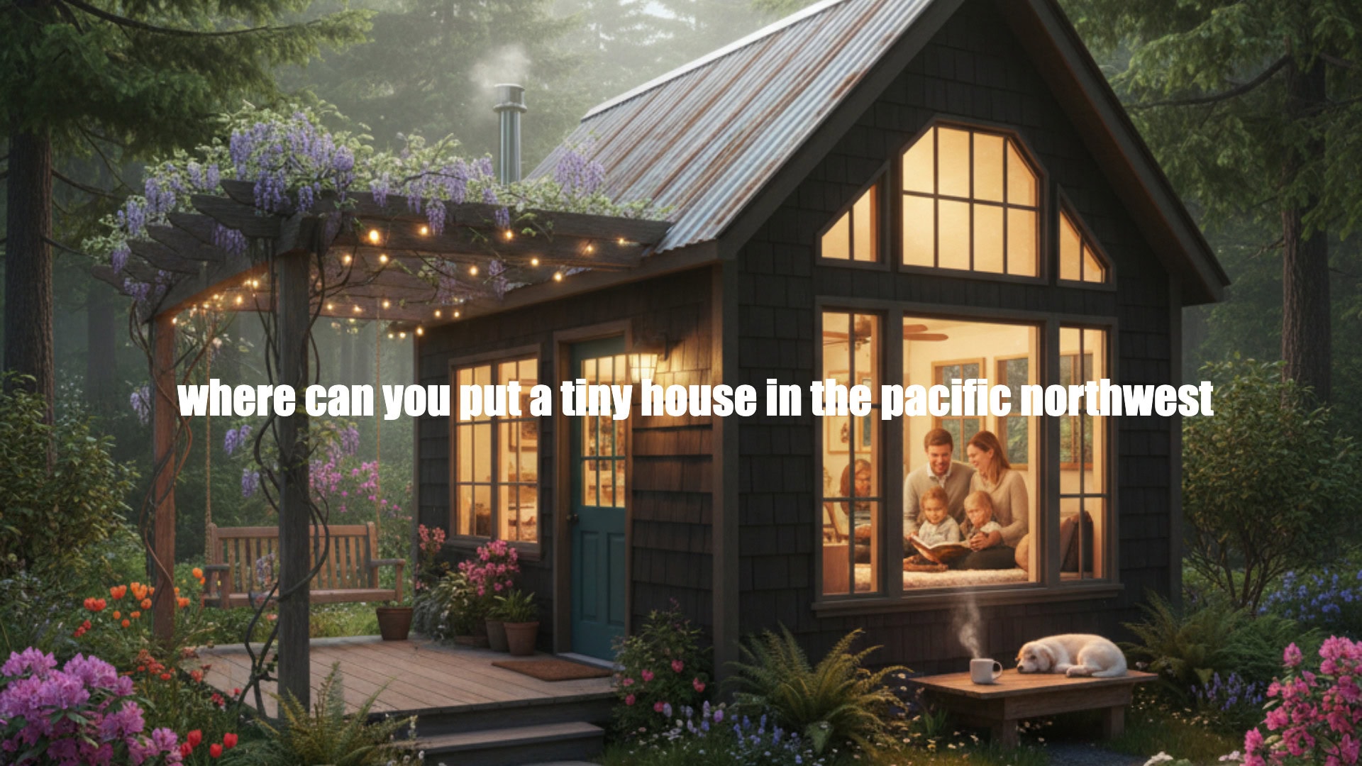 Cozy tiny home in Pacific Northwest surrounded by lush garden and string lights, perfect for small living.