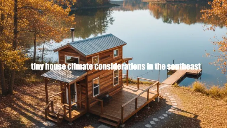 Cozy tiny house on a lake with autumn trees, perfect for lakeside tiny home living.