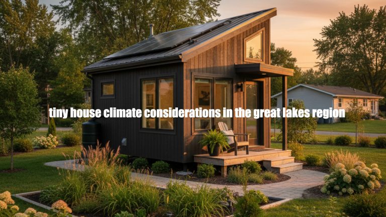 Cozy black tiny house with solar panels in Great Lakes region at sunset, eco-friendly living.