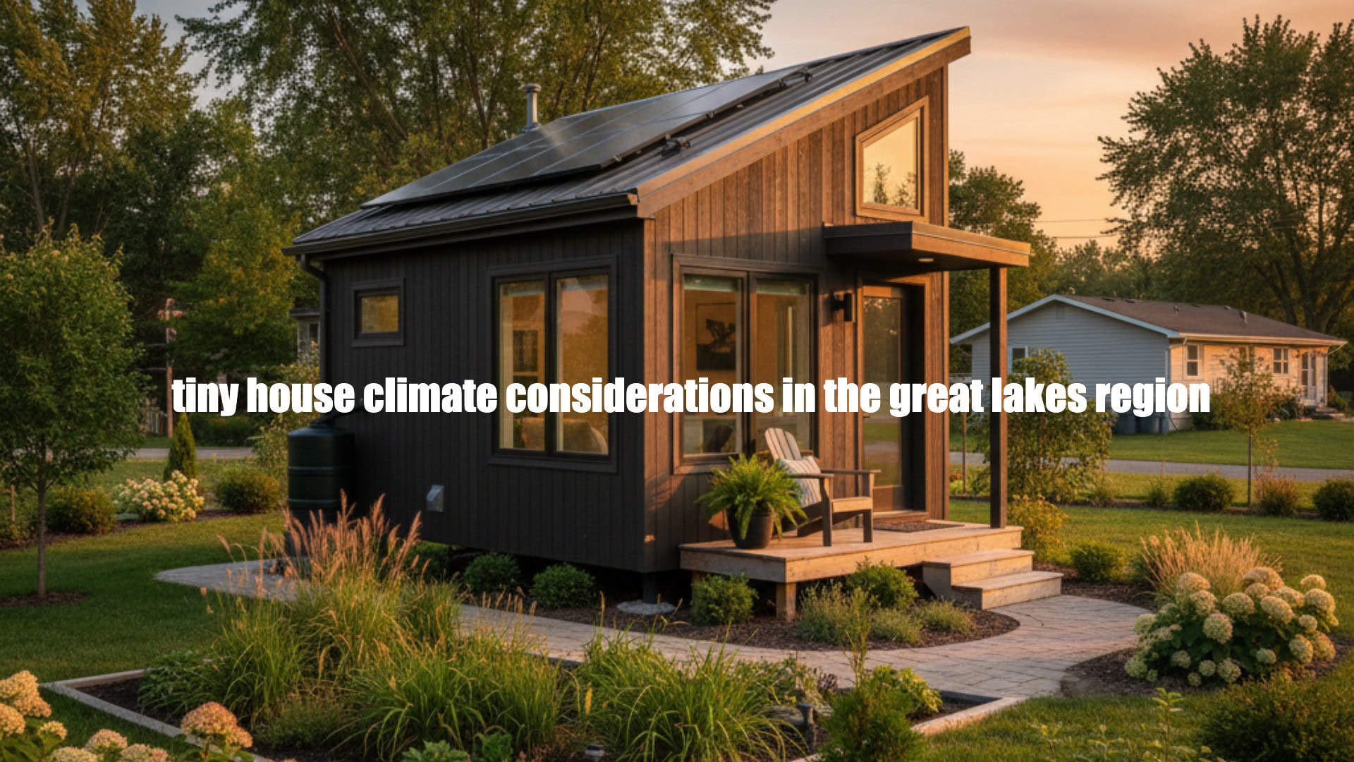 Cozy black tiny house with solar panels in Great Lakes region at sunset, eco-friendly living.